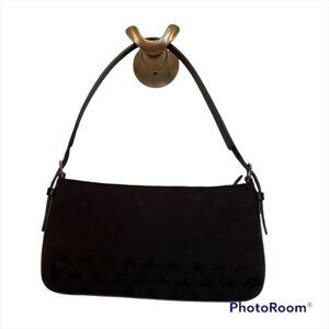 BROOKS BROTHERS BAG WRISTLET BLACK RED FLEECE SHEEP FABRIC LEATHER TRIM ZIP TOP